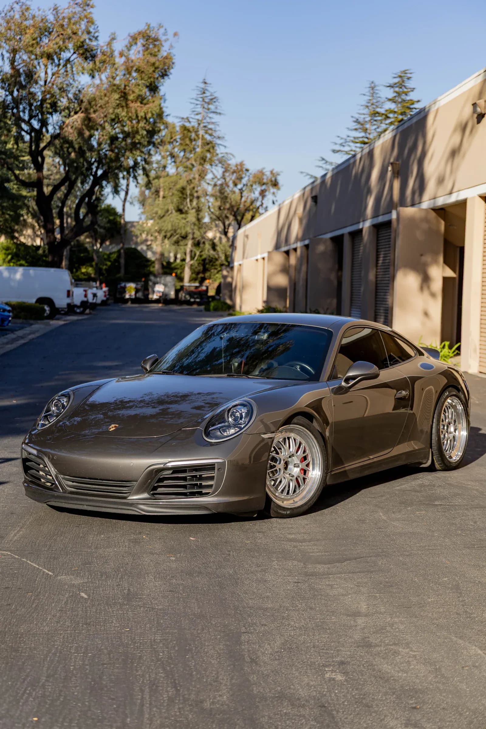 Grey Porsche 911 photographed outside the Speedhaus workshop
